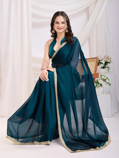 Teal Blue Solid Lace Border With Rangoli Silk Ready to wear Saree