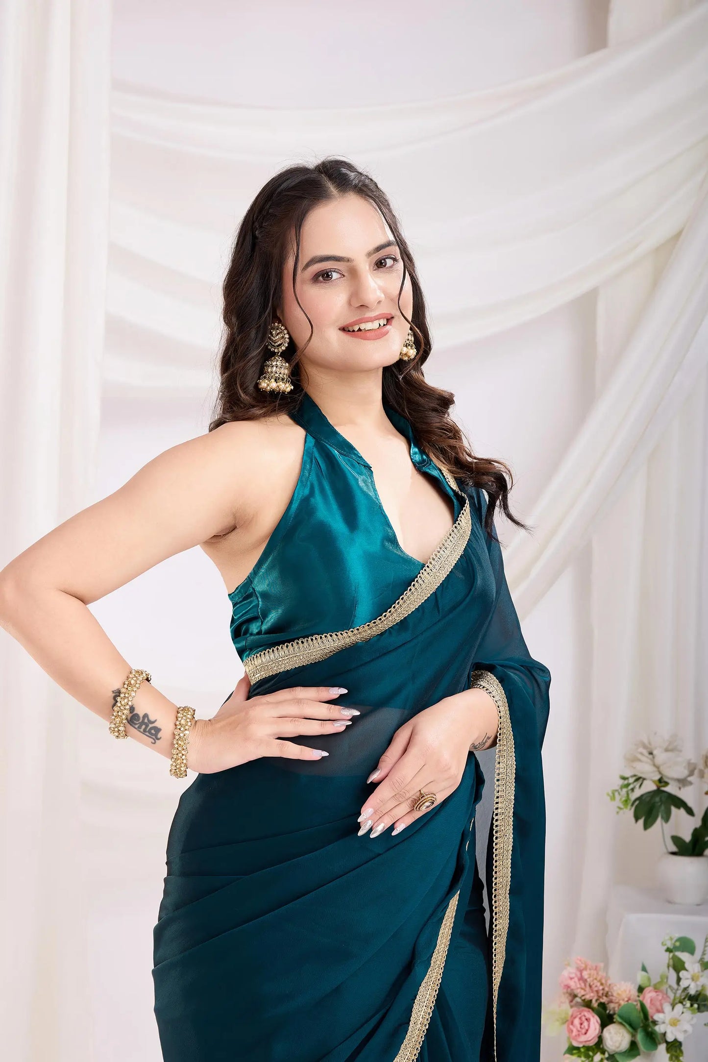 Teal Blue Solid Lace Border With Rangoli Silk Ready to wear Saree