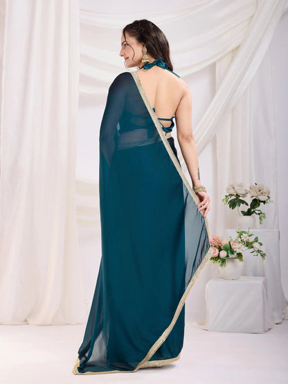 Teal Blue Solid Lace Border With Rangoli Silk Ready to wear Saree
