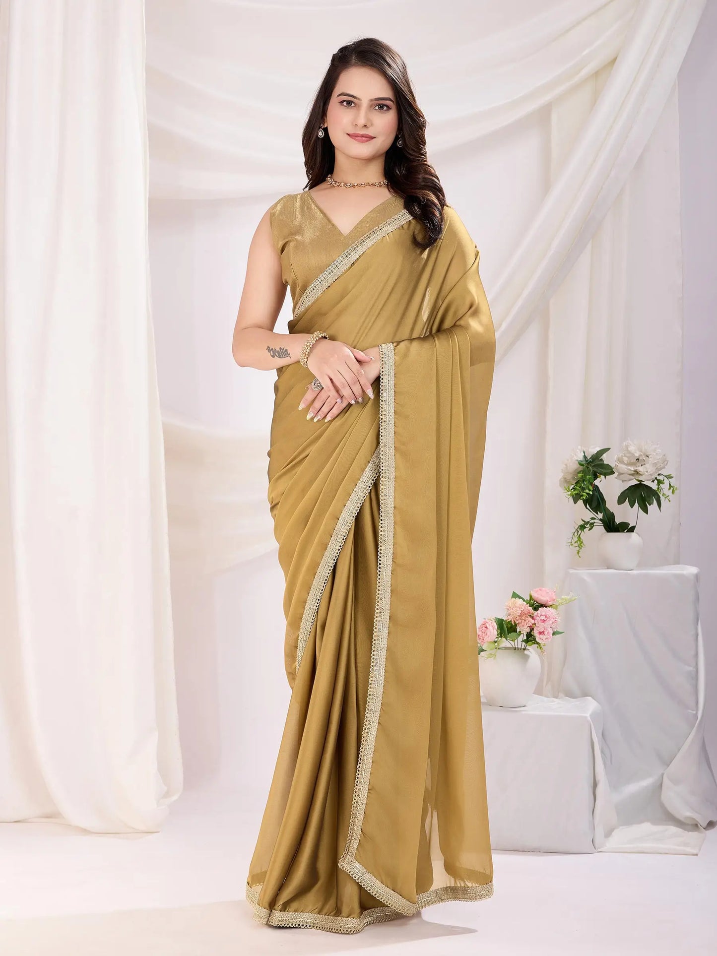 Beige Solid Lace Border With Rangoli Silk Ready to wear Saree