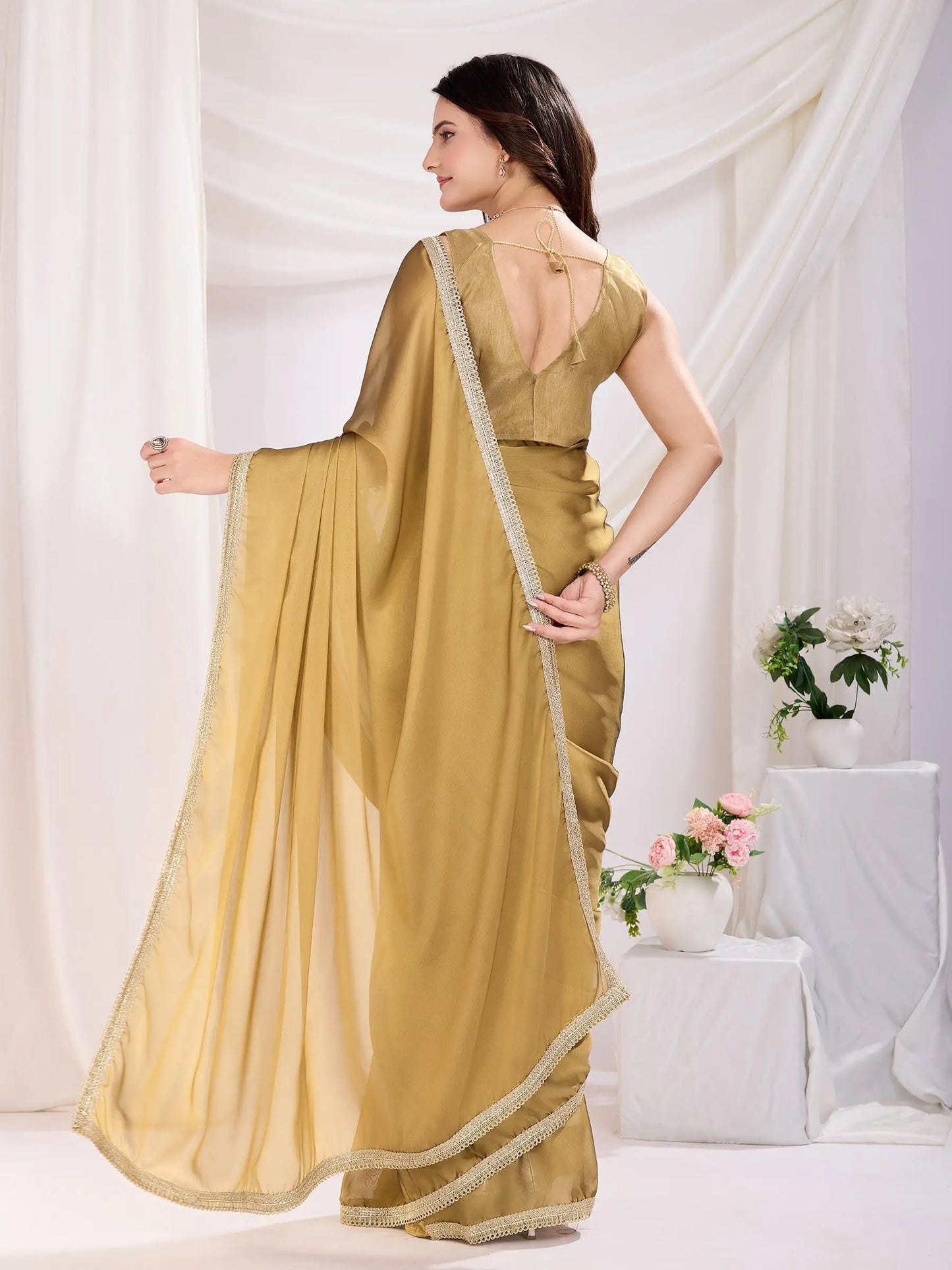 Beige Solid Lace Border With Rangoli Silk Ready to wear Saree