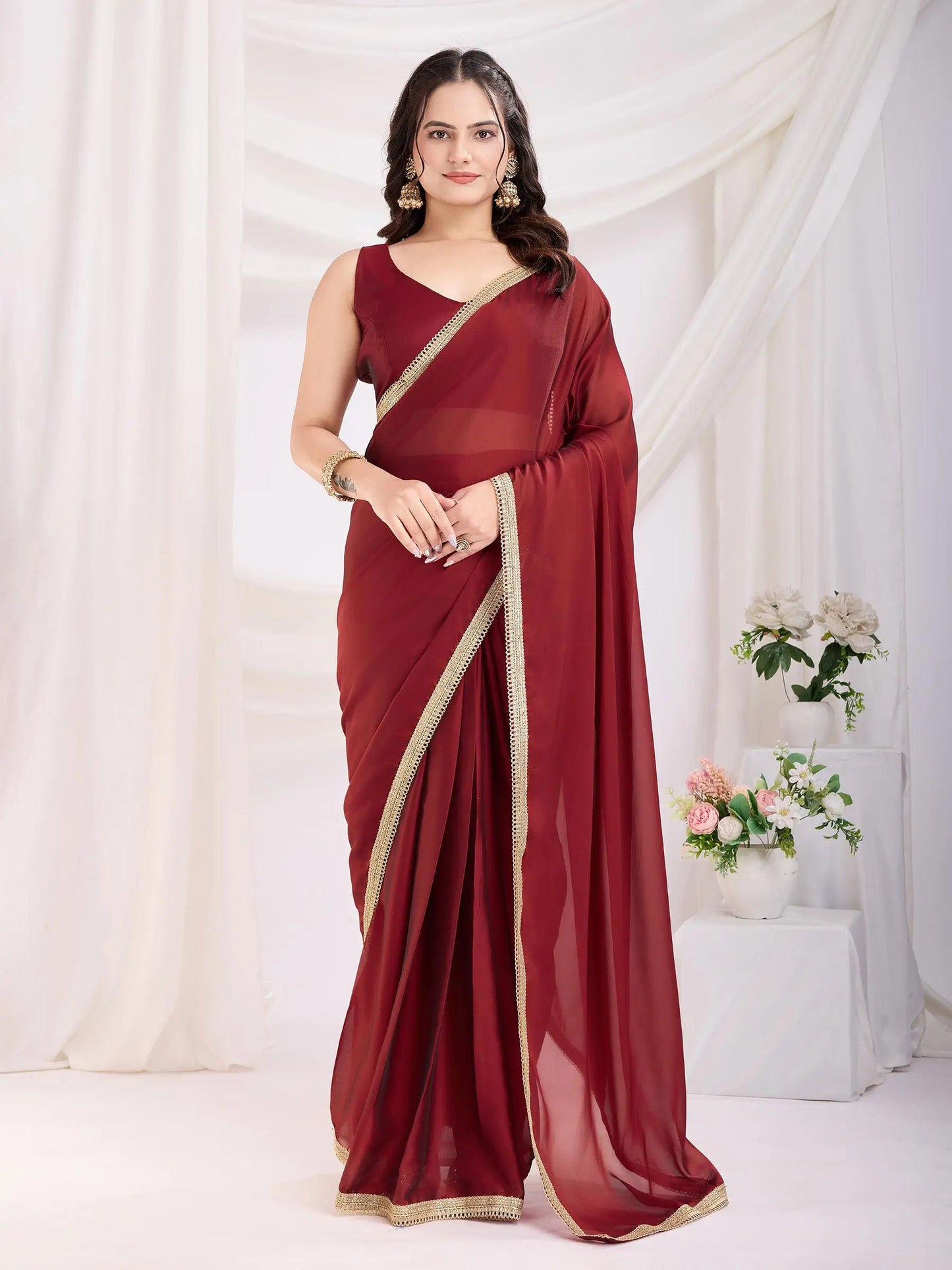 Red  Solid Lace Border With Rangoli Silk Ready to wear Saree