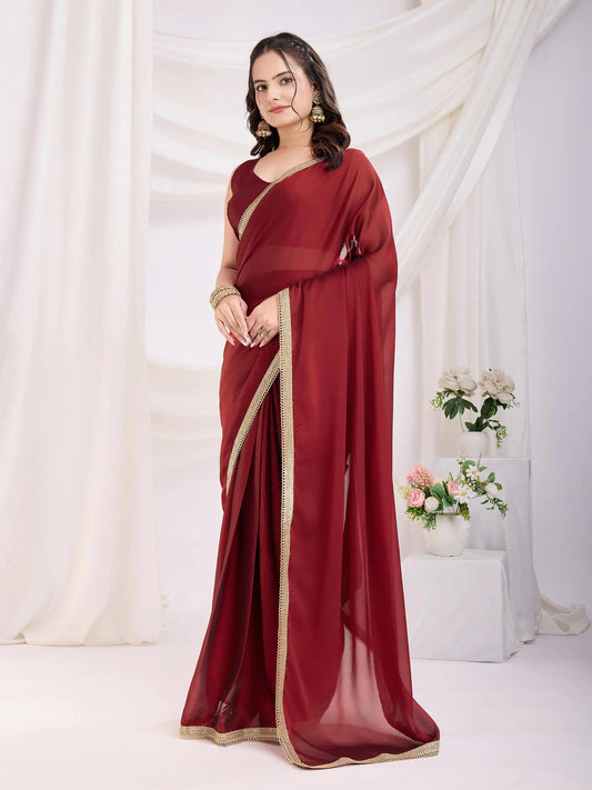 Red  Solid Lace Border With Rangoli Silk Ready to wear Saree