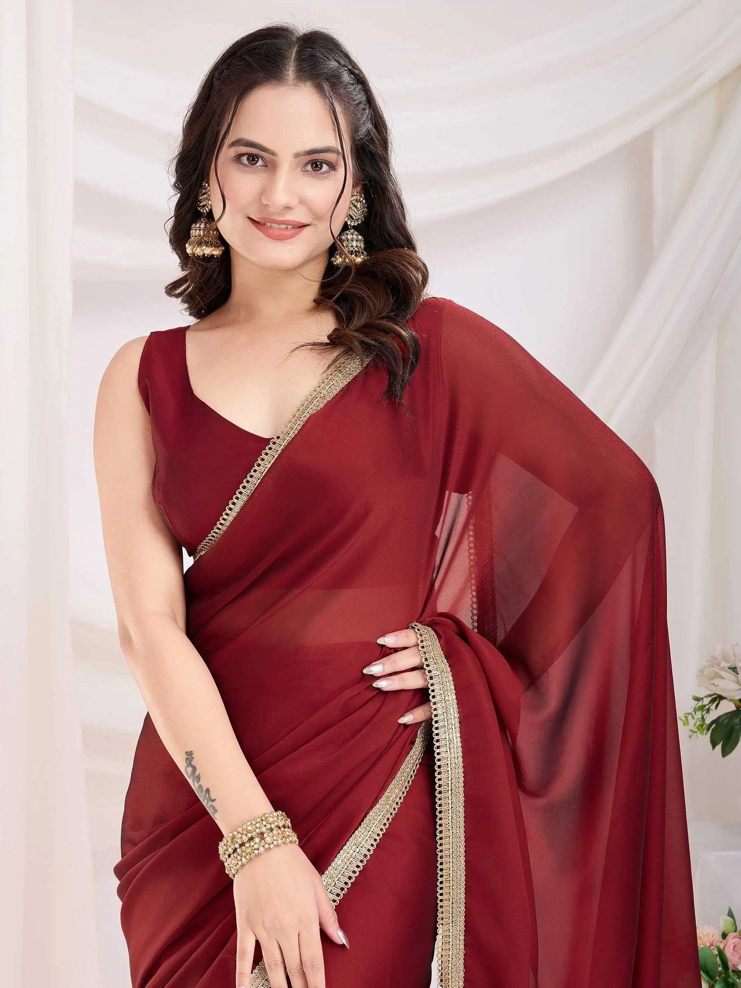 Red  Solid Lace Border With Rangoli Silk Ready to wear Saree