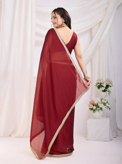Red  Solid Lace Border With Rangoli Silk Ready to wear Saree