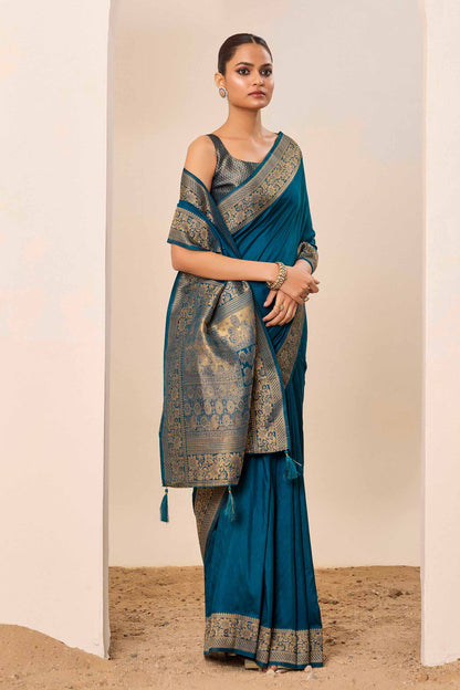 Teal Blue  Dolla Silk with Wevon Galla Designer Work  Saree