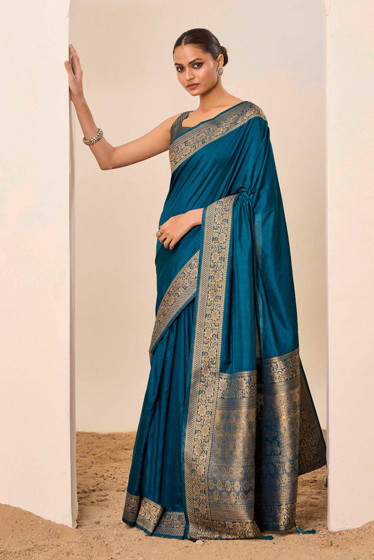 Teal Blue  Dolla Silk with Wevon Galla Designer Work  Saree