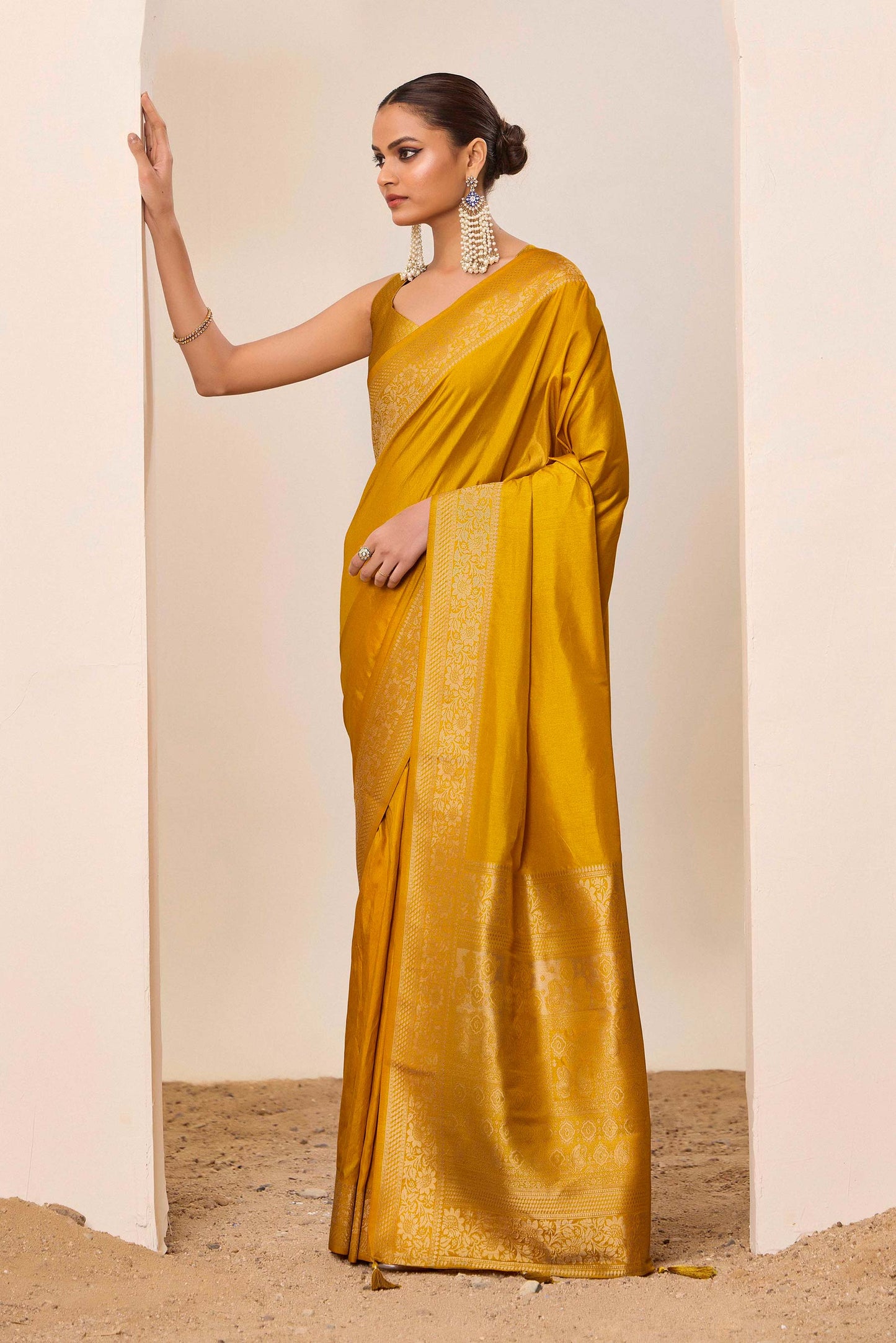 Yellow  Dolla Silk with Wevon Galla Designer Work  Saree
