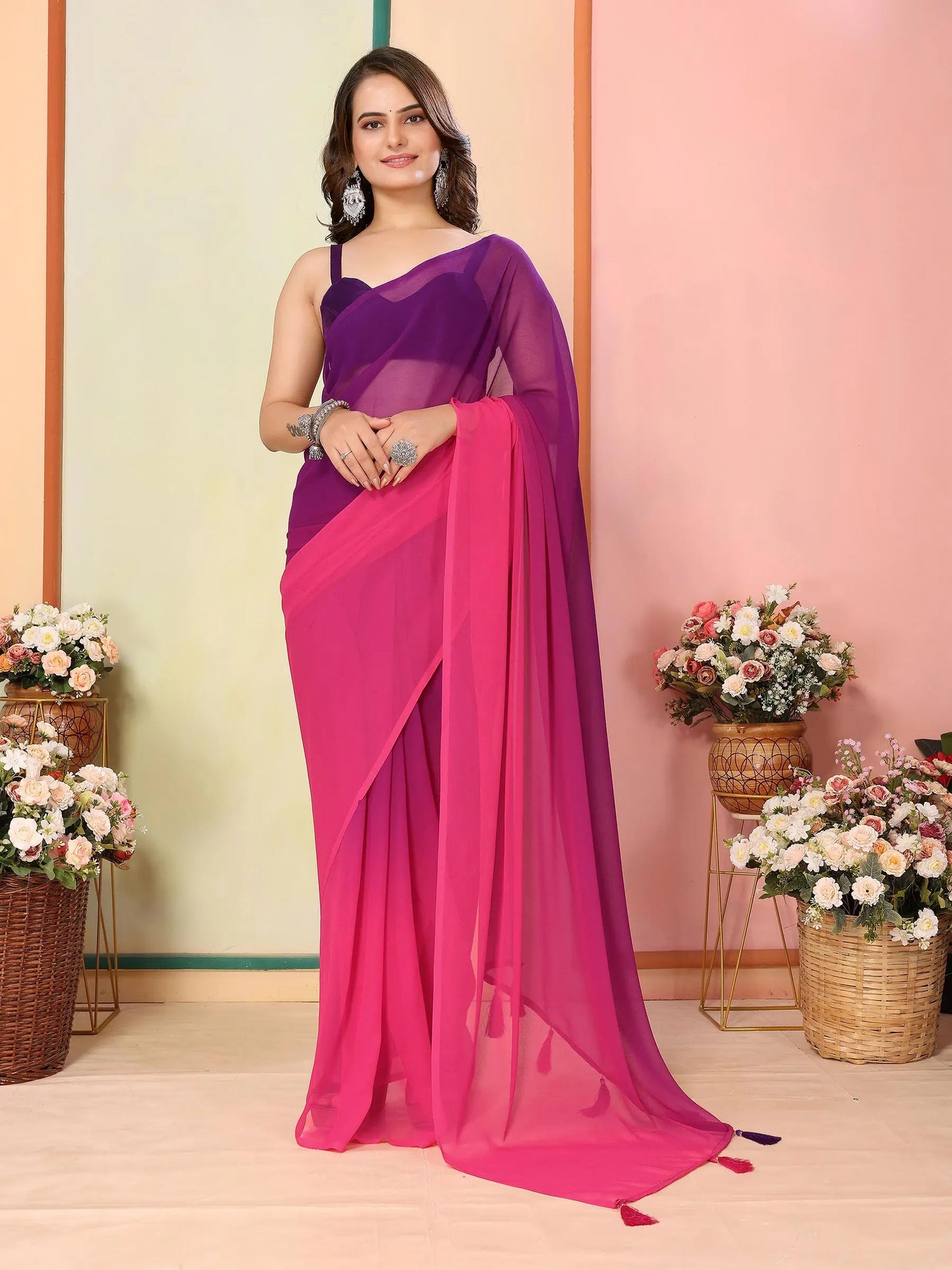 Purple Pink Pedding Color Printed Ready To Wear Saree