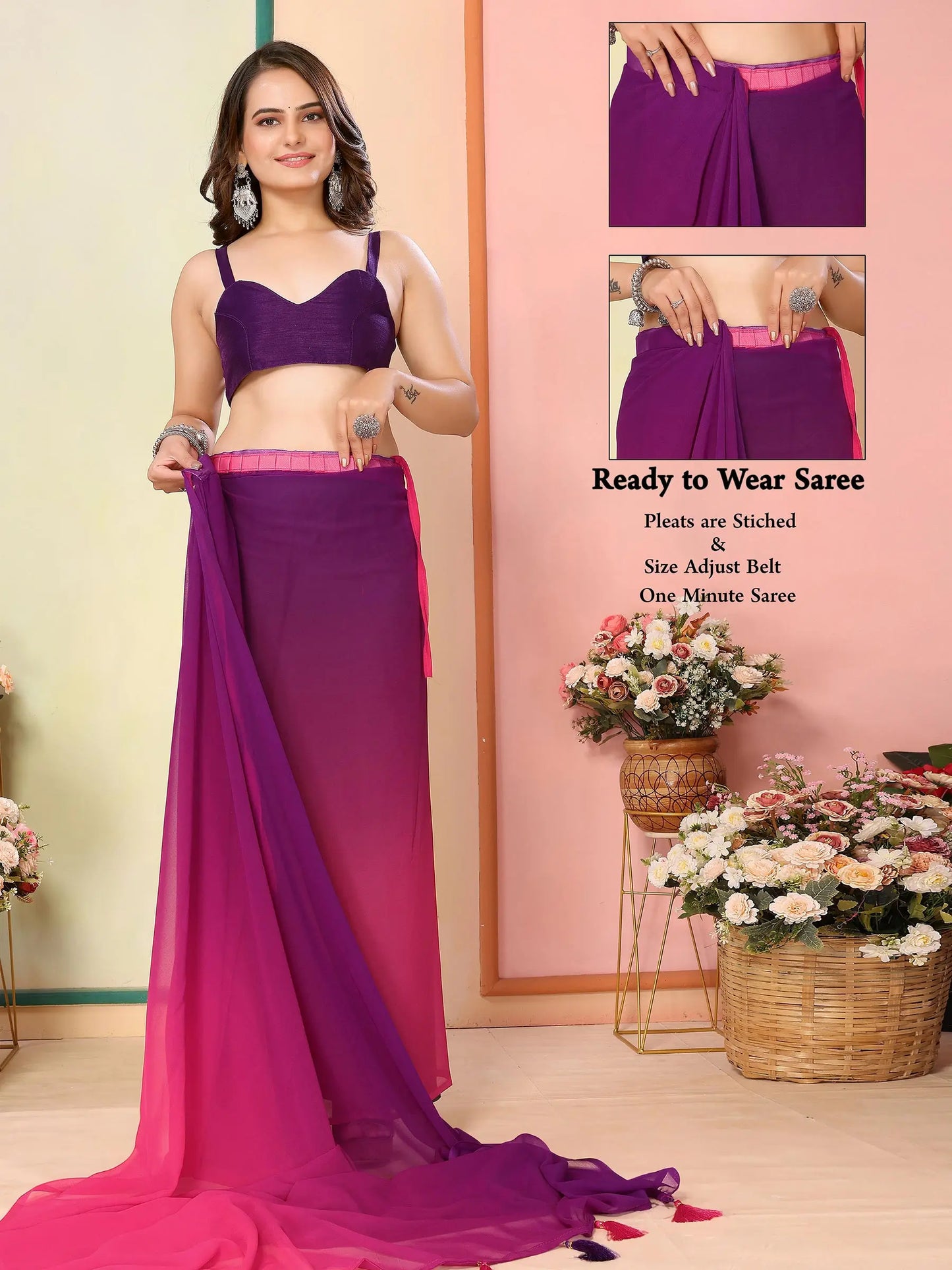 Purple Pink Pedding Color Printed Ready To Wear Saree