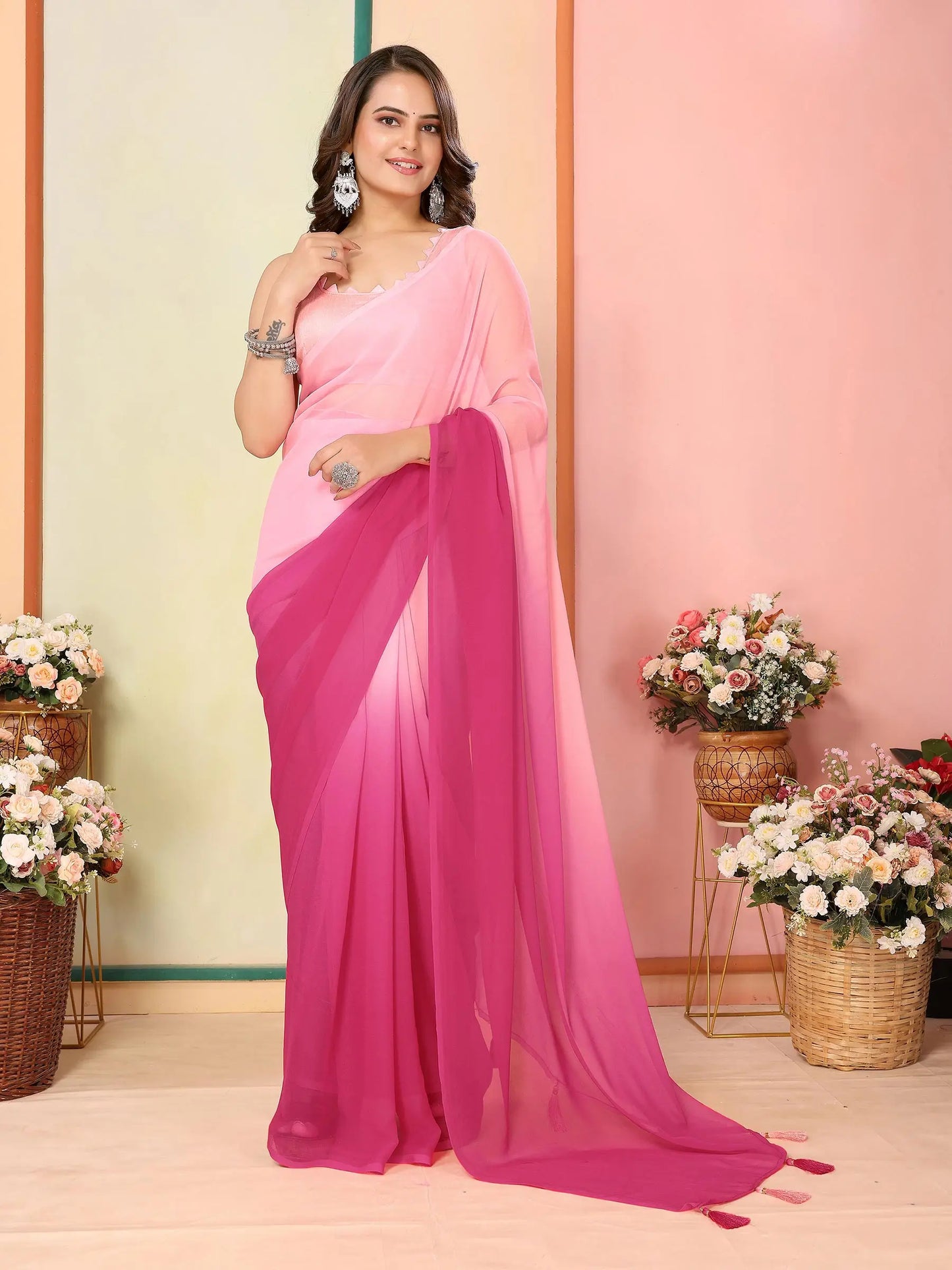 Pink Pedding Color Printed Ready To Wear Saree