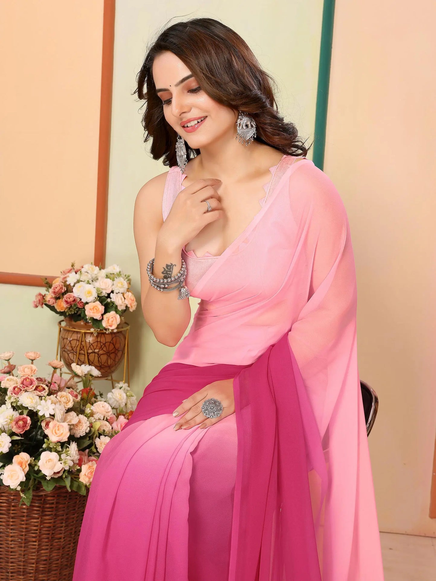 Pink Pedding Color Printed Ready To Wear Saree
