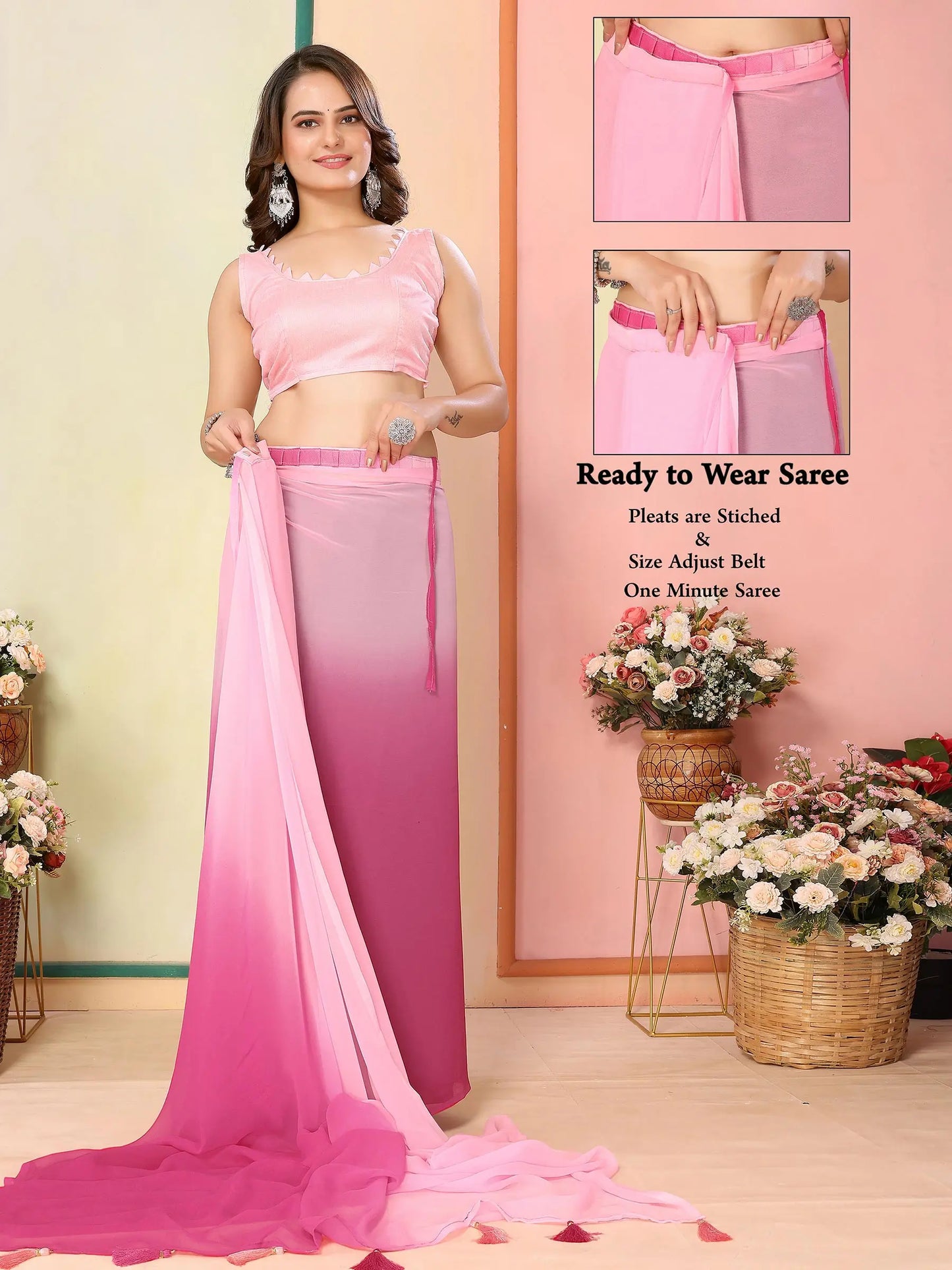 Pink Pedding Color Printed Ready To Wear Saree