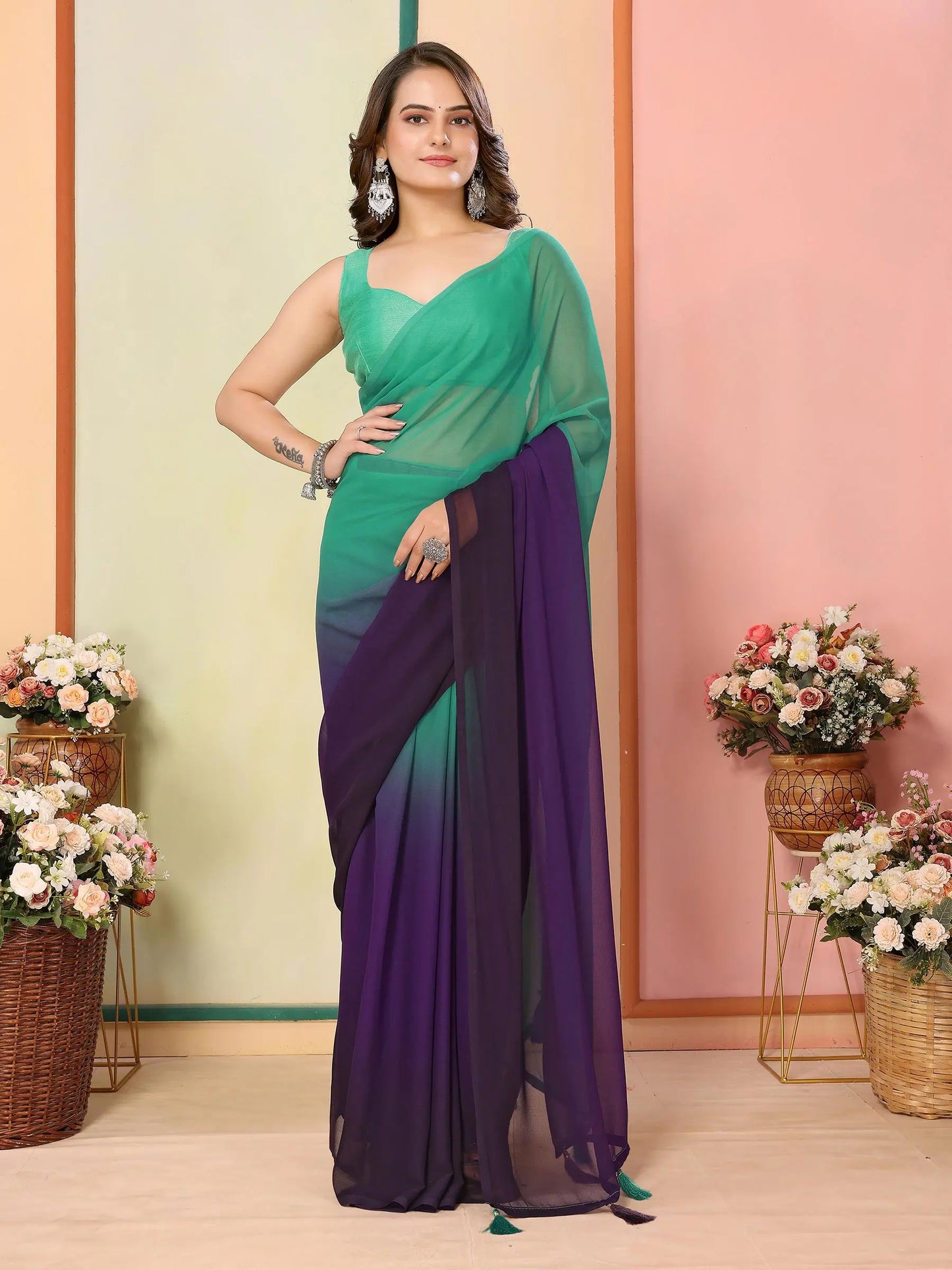 Teal Green  Pedding Color Printed Ready To Wear Saree