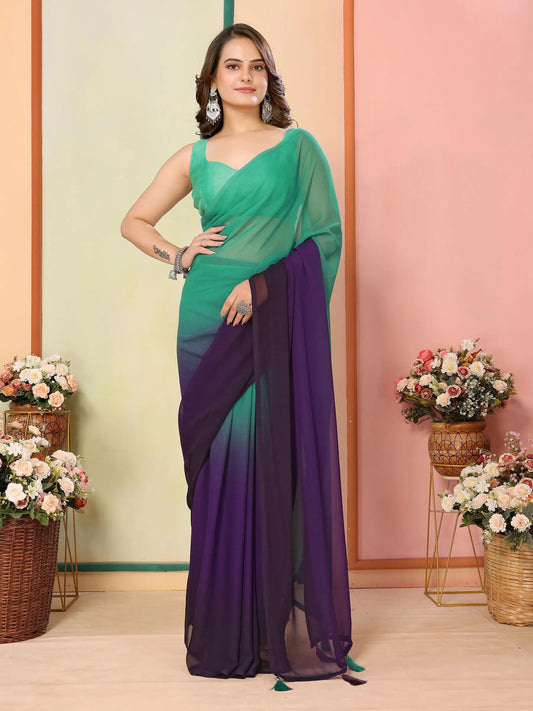 Teal Green  Pedding Color Printed Ready To Wear Saree