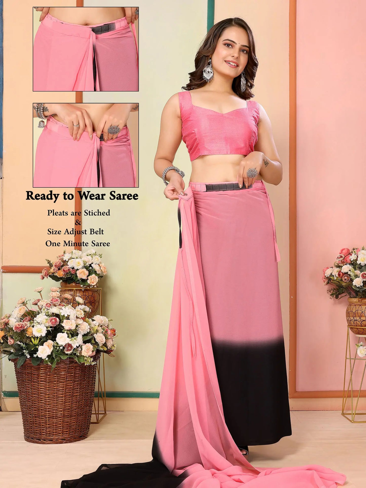 Pink Pedding Color Printed Ready To Wear Saree