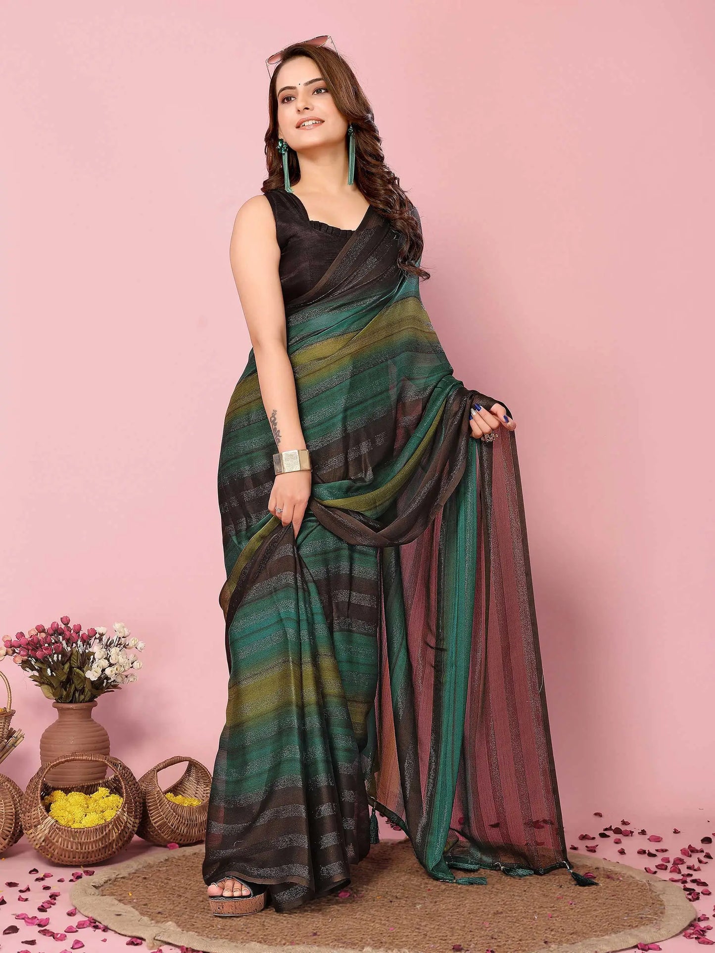 Multi Color Wevon Designer Printed Ready To Wear  Silk Saree