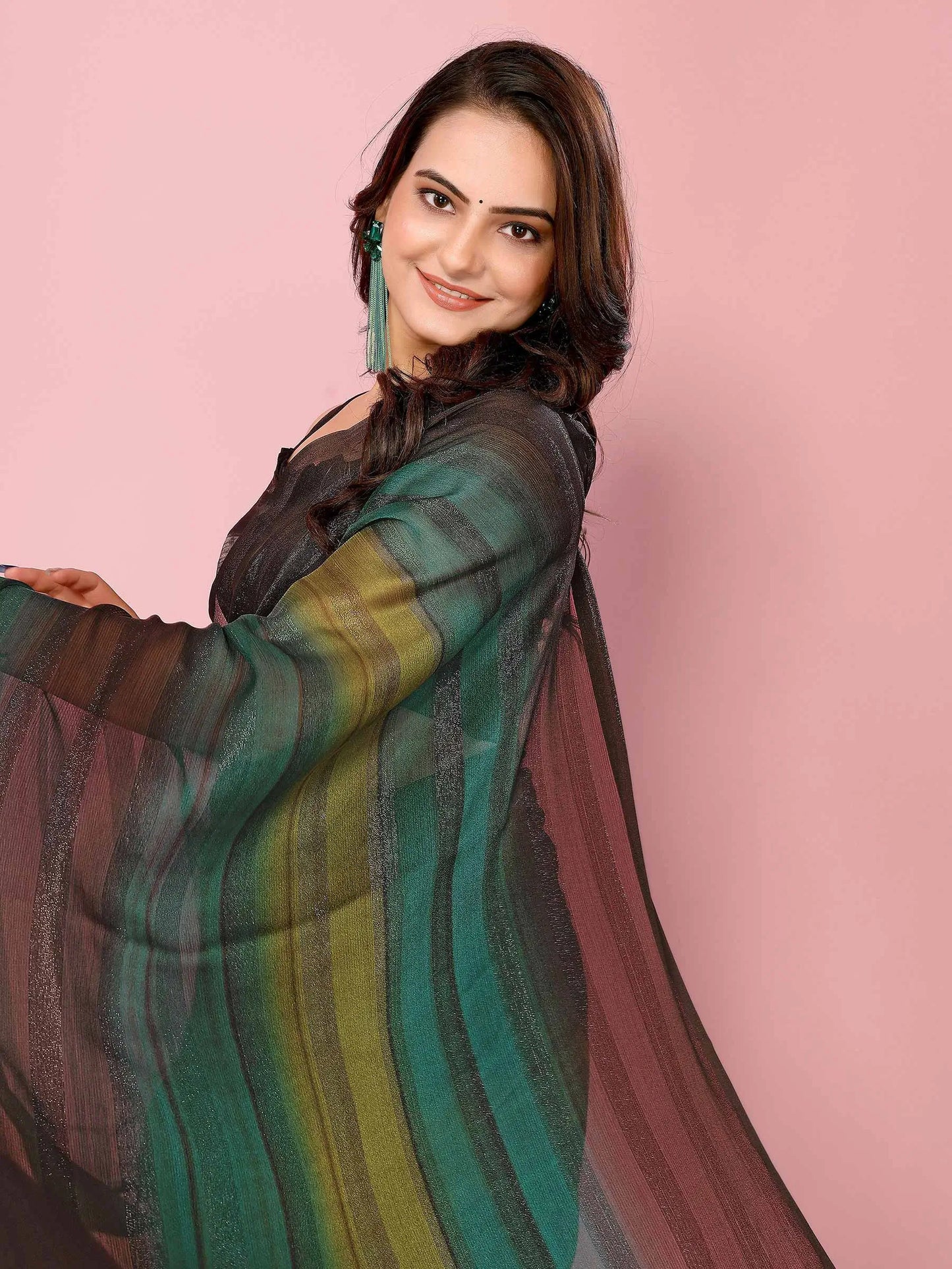 Multi Color Wevon Designer Printed Ready To Wear  Silk Saree