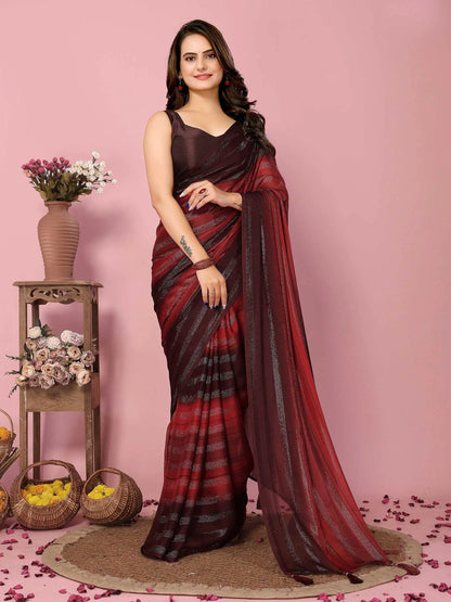 Red Wevon Designer Printed  Ready To Wear  Silk Saree