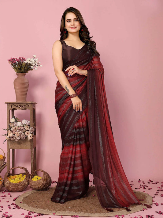 Red Wevon Designer Printed  Ready To Wear  Silk Saree