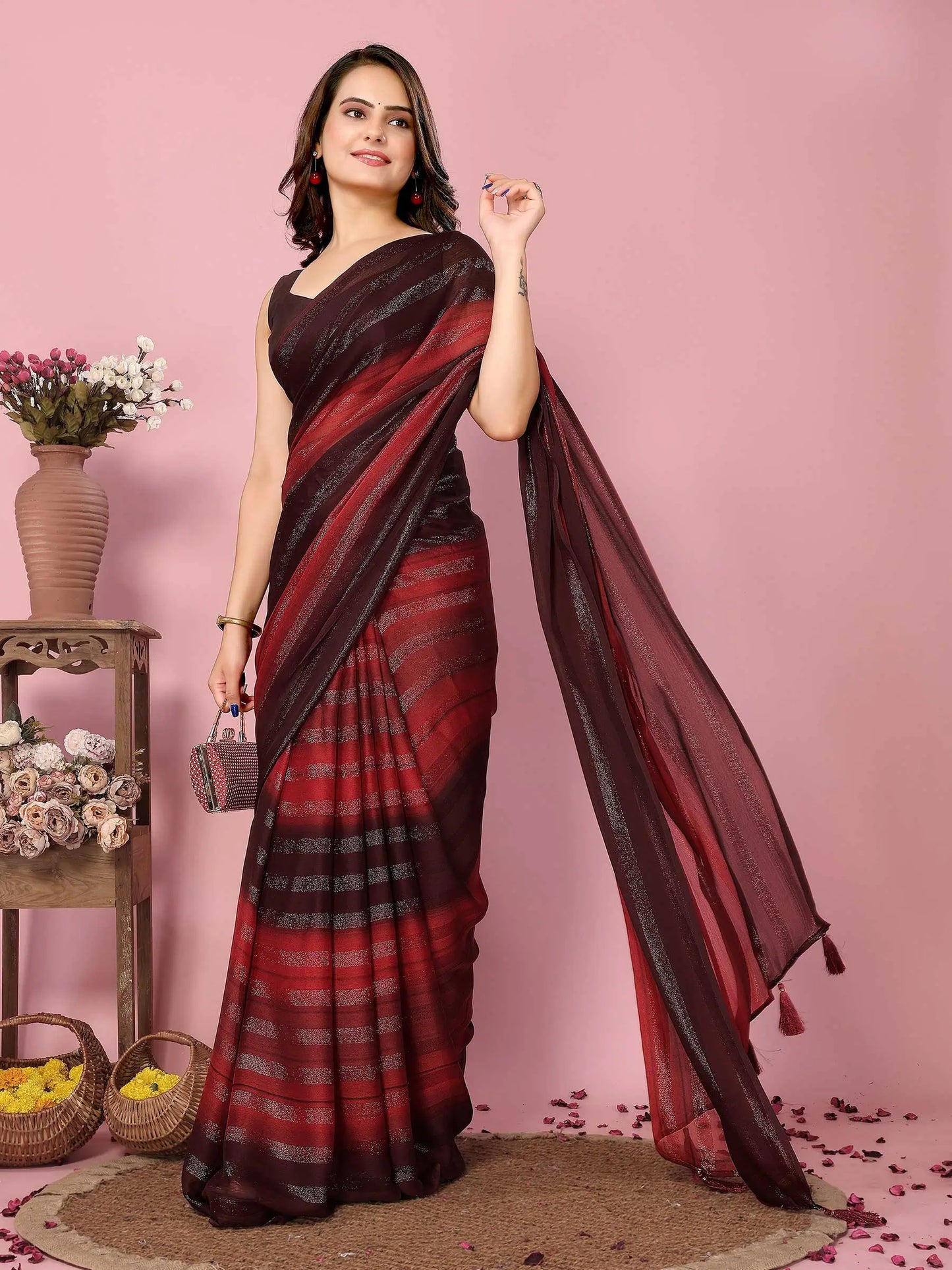 Red Wevon Designer Printed  Ready To Wear  Silk Saree