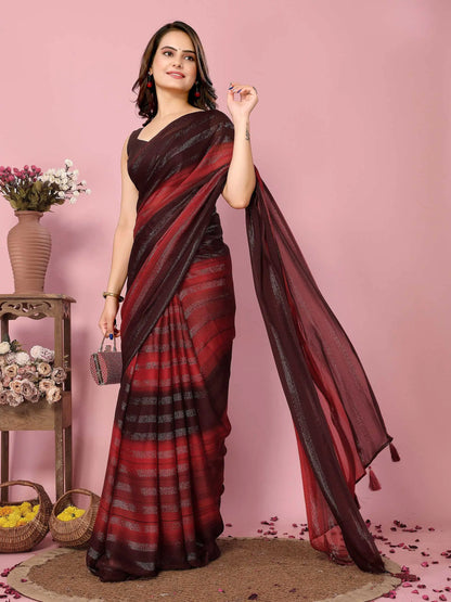 Red Wevon Designer Printed  Ready To Wear  Silk Saree