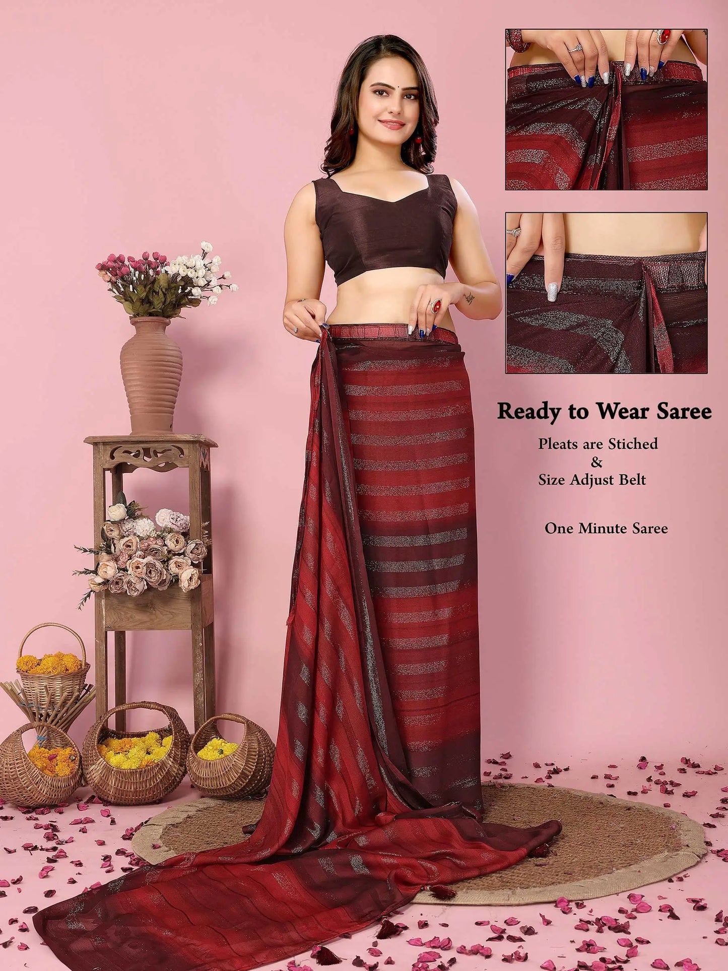 Red Wevon Designer Printed  Ready To Wear  Silk Saree
