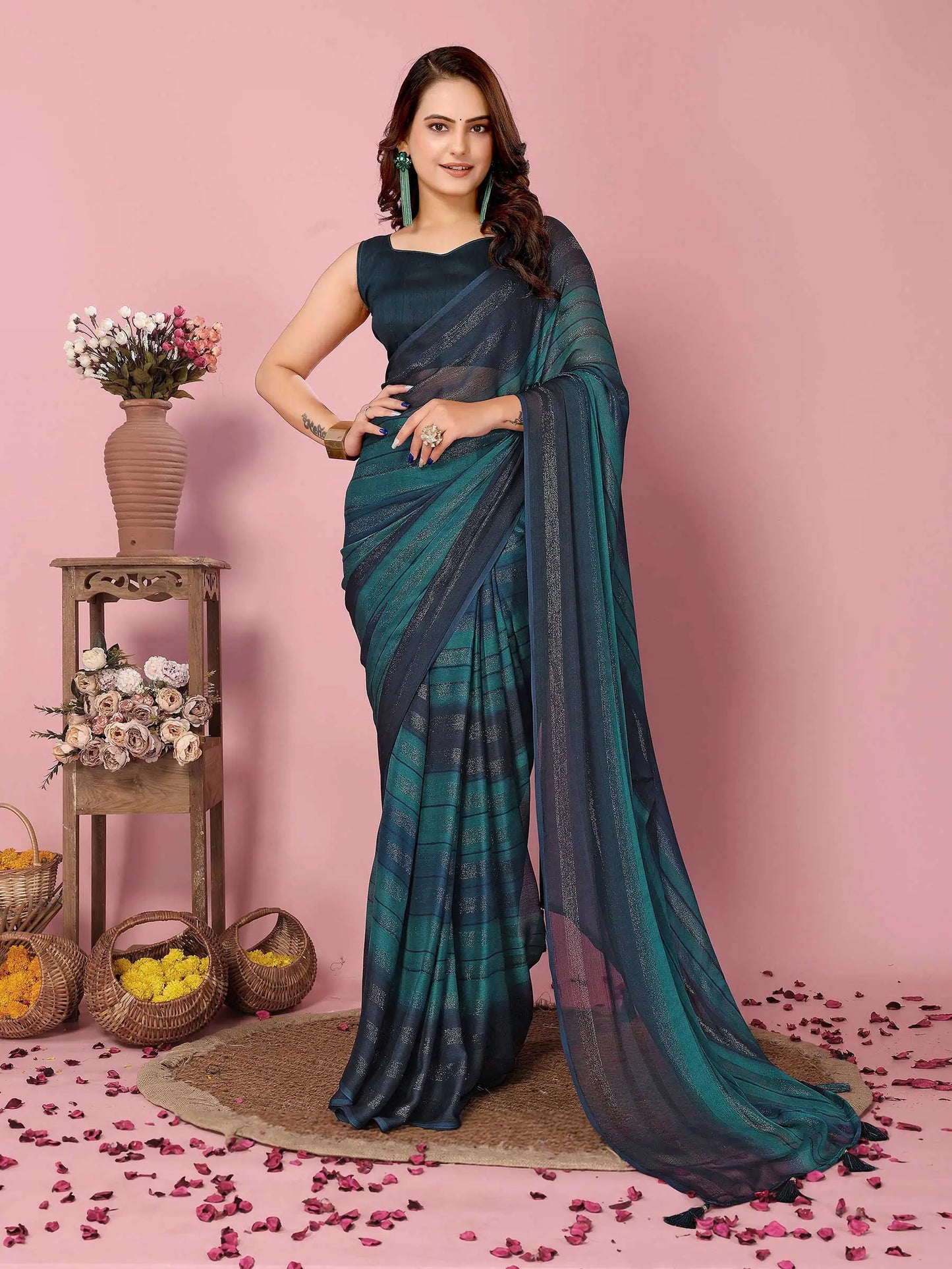 Teal Blue Wevon Designer Printed  Ready To Wear  Silk Saree