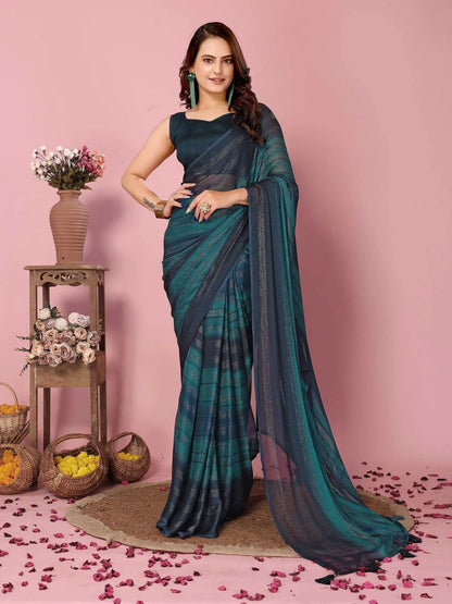 Teal Blue Wevon Designer Printed  Ready To Wear  Silk Saree
