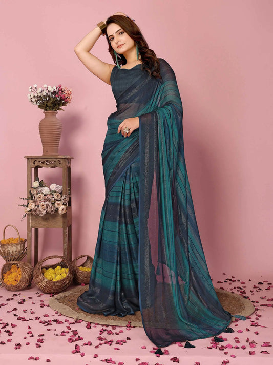 Teal Blue Wevon Designer Printed  Ready To Wear  Silk Saree