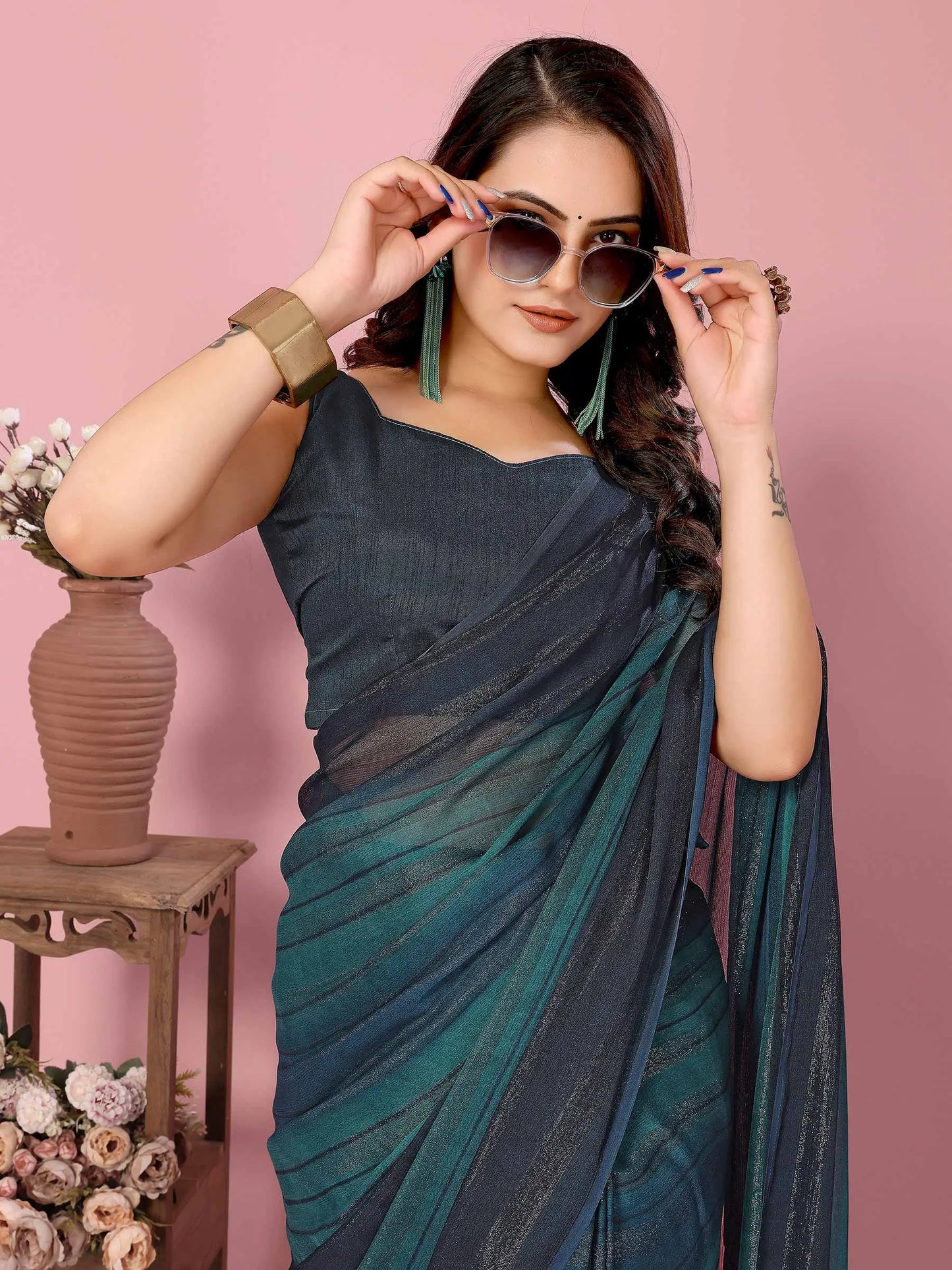 Teal Blue Wevon Designer Printed  Ready To Wear  Silk Saree