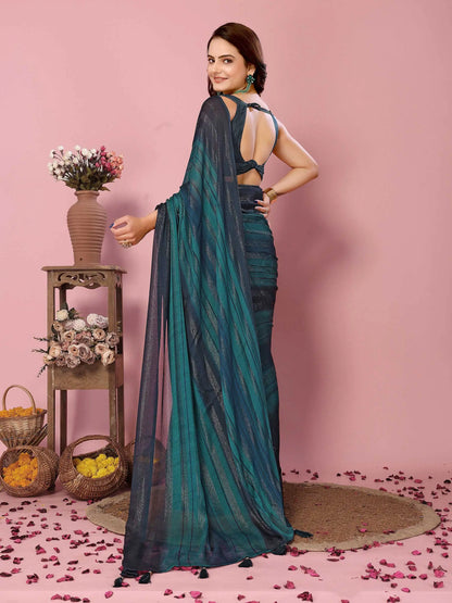 Teal Blue Wevon Designer Printed  Ready To Wear  Silk Saree
