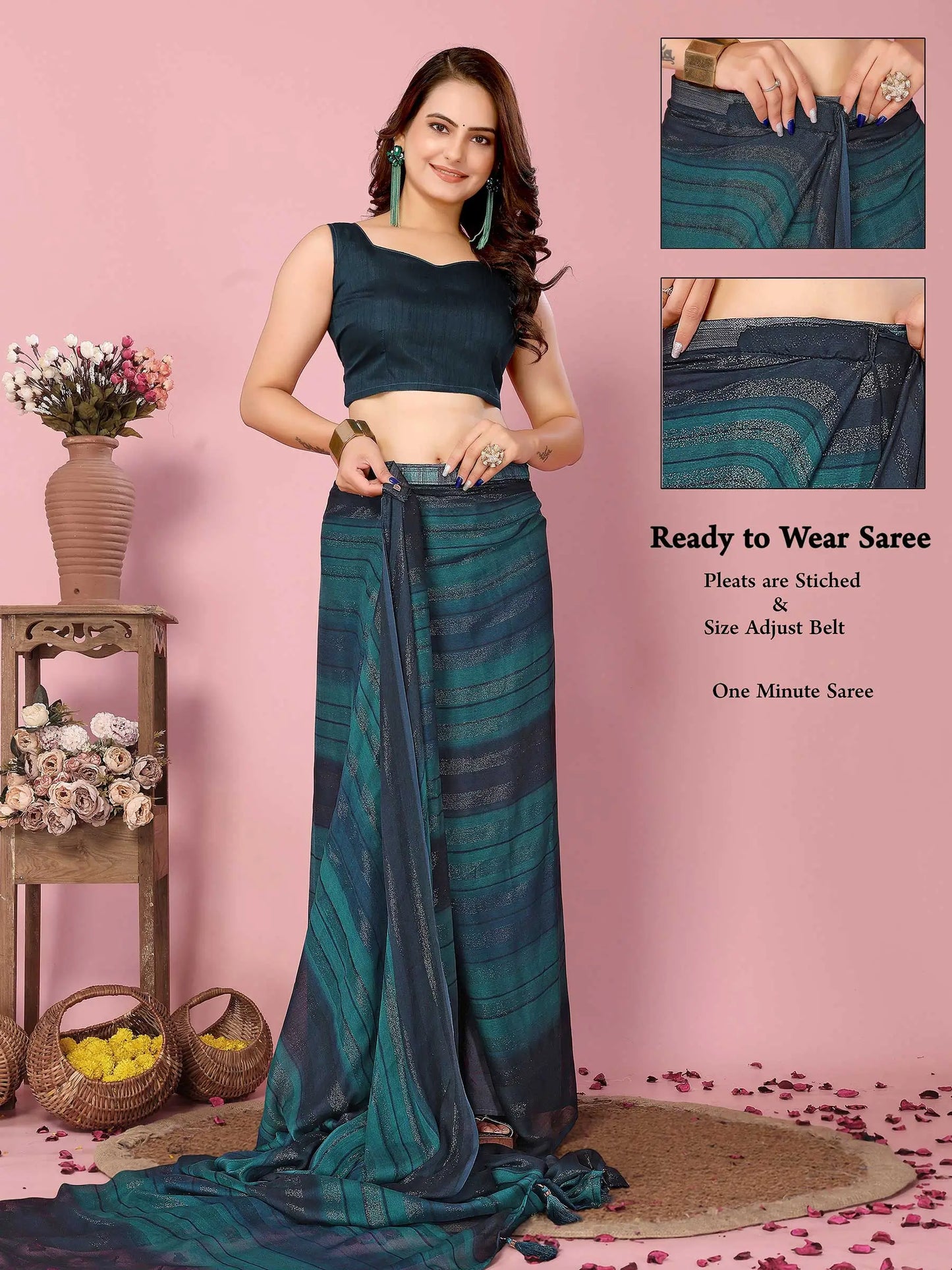 Teal Blue Wevon Designer Printed  Ready To Wear  Silk Saree