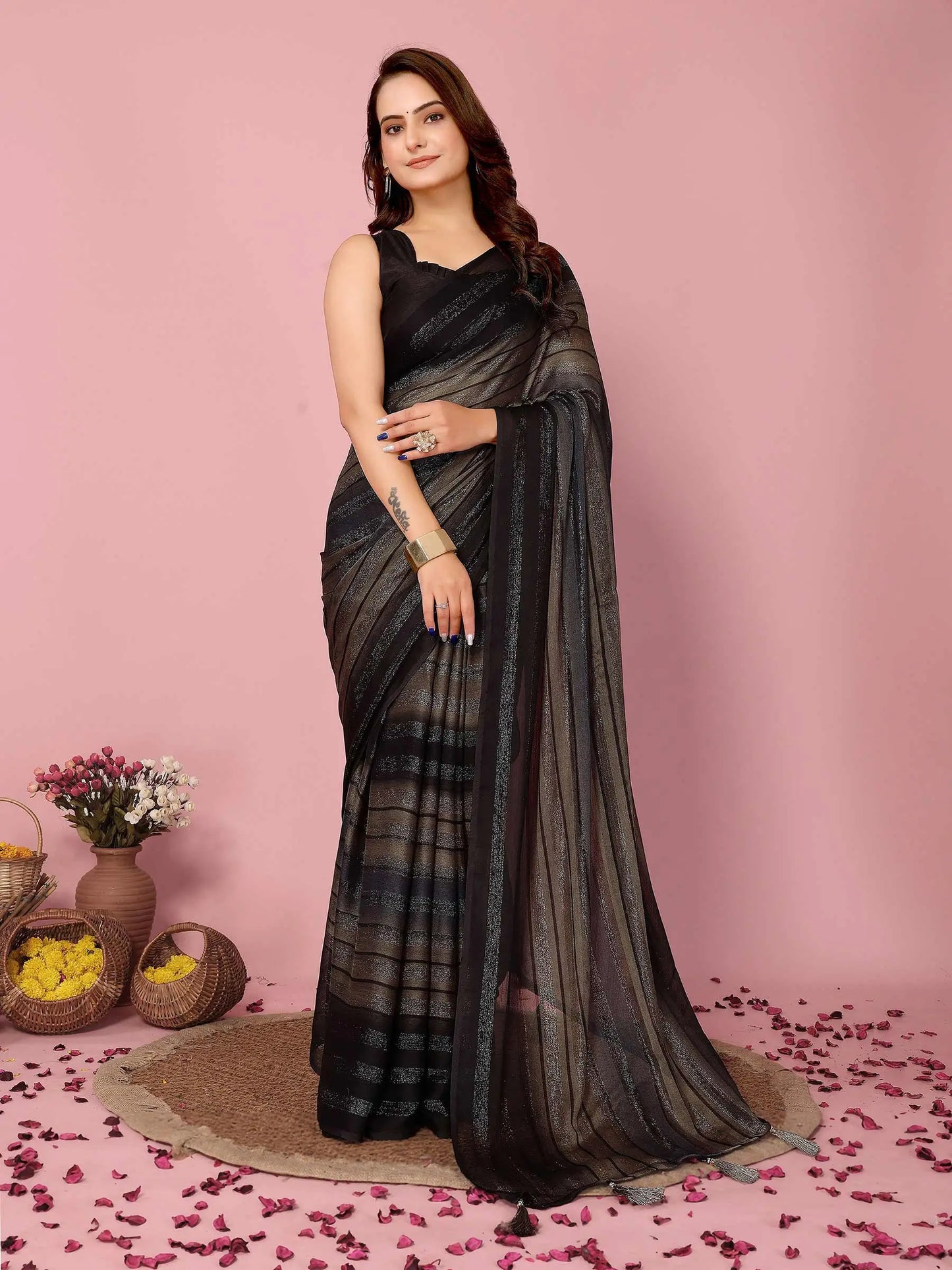 Black Wevon Designer Printed  Ready To Wear  Silk Saree