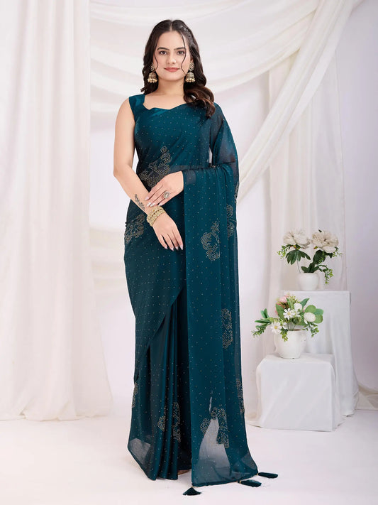 Dark Blue Rangoli Silk With Diamond Work Ready To Wear Saree