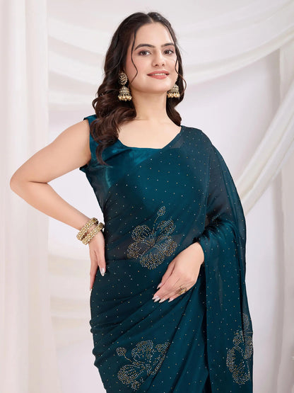 Dark Blue Rangoli Silk With Diamond Work Ready To Wear Saree