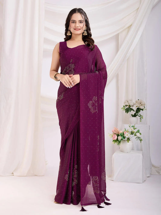 Wine Rangoli Silk With Diamond Work Ready To Wear Saree