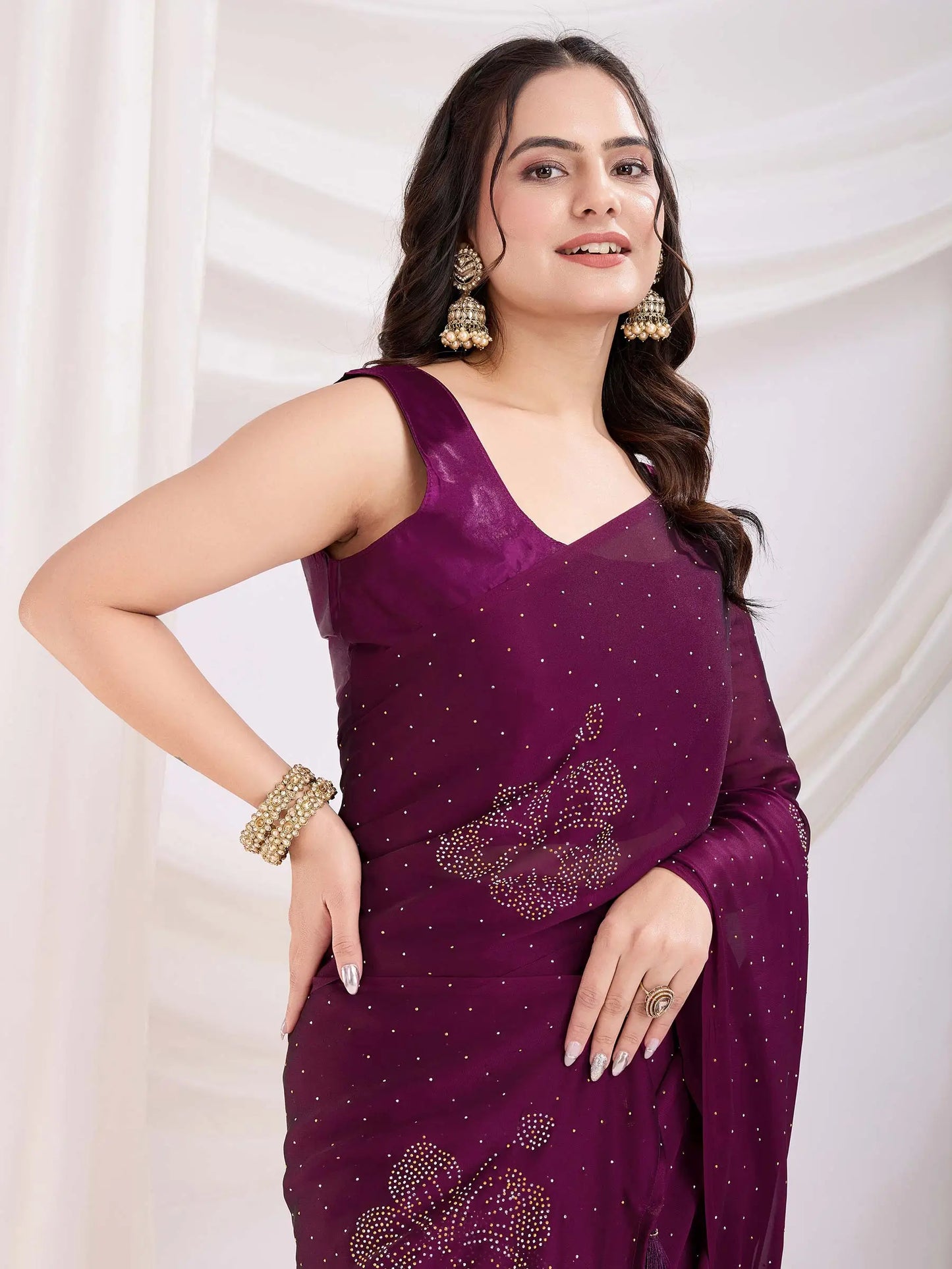 Wine Rangoli Silk With Diamond Work Ready To Wear Saree