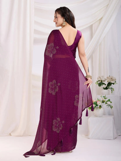 Wine Rangoli Silk With Diamond Work Ready To Wear Saree