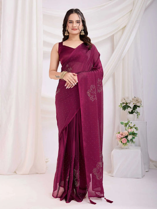 Red Rangoli Silk With Diamond Work Ready To Wear Saree
