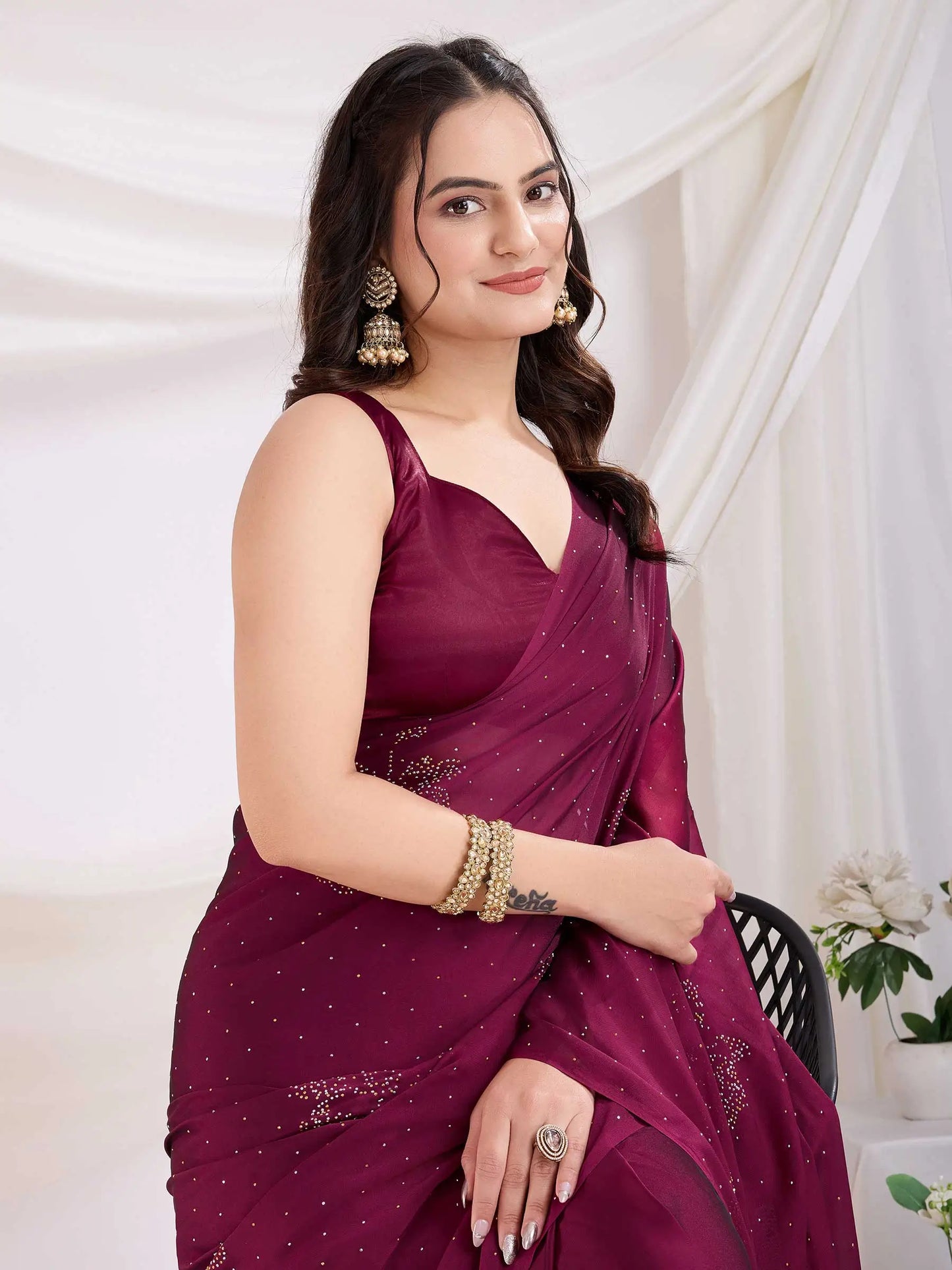 Red Rangoli Silk With Diamond Work Ready To Wear Saree