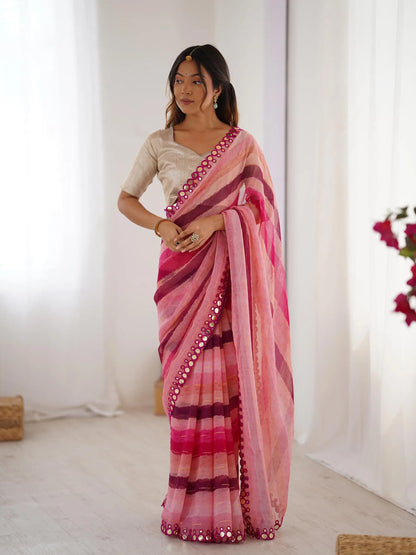 Pink Laheriya Printed  With Mirror Work Saree