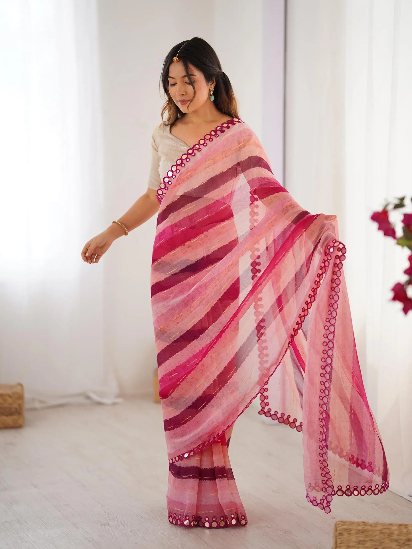 Pink Laheriya Printed  With Mirror Work Saree