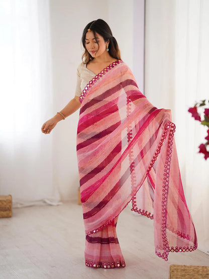 Pink Laheriya Printed  With Mirror Work Saree