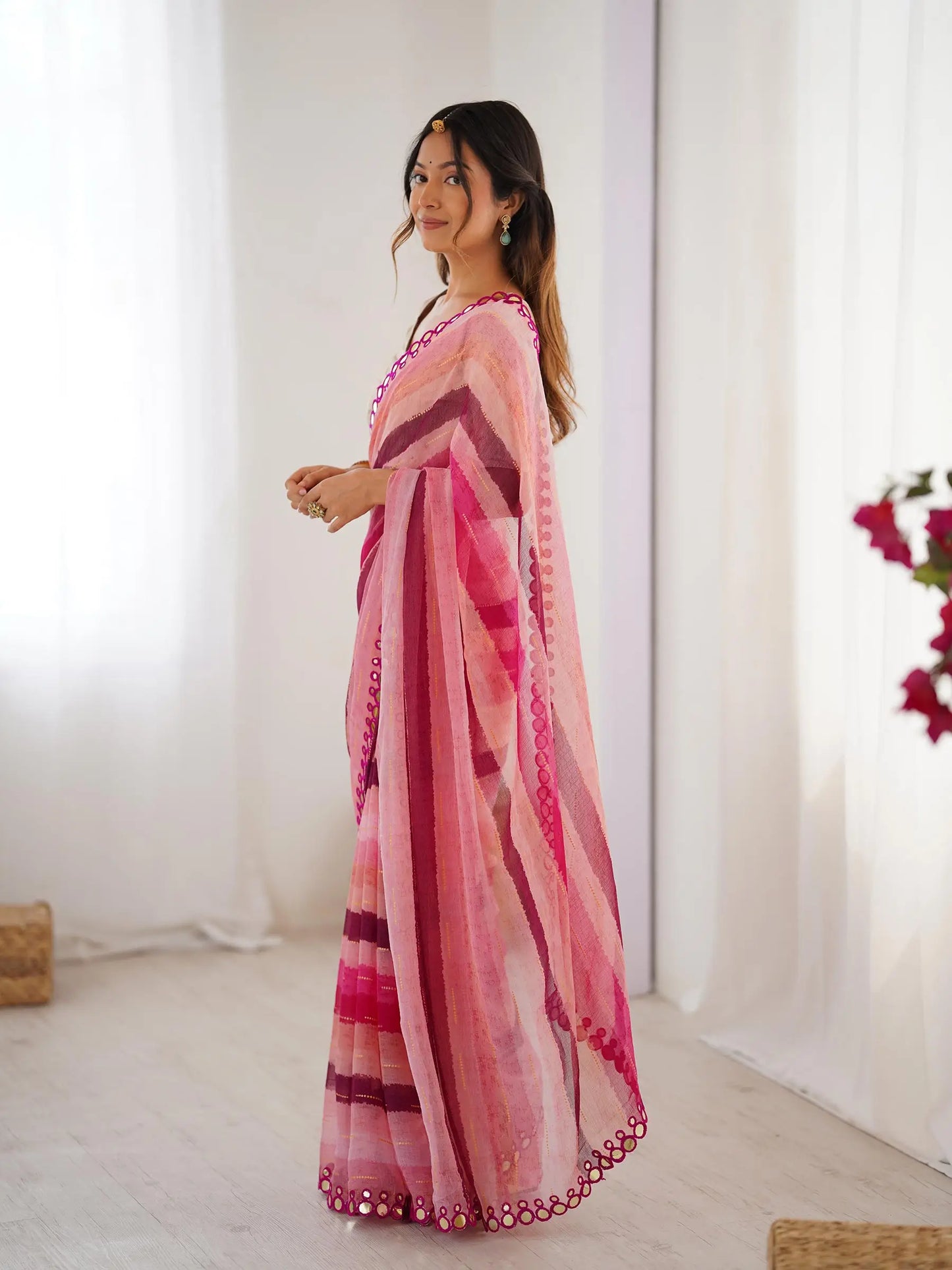 Pink Laheriya Printed  With Mirror Work Saree