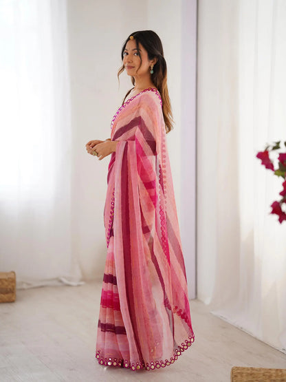 Pink Laheriya Printed  With Mirror Work Saree