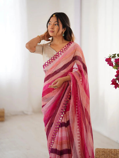 Pink Laheriya Printed  With Mirror Work Saree