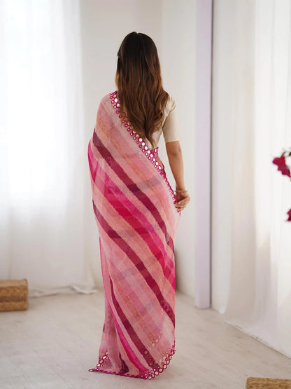 Pink Laheriya Printed  With Mirror Work Saree