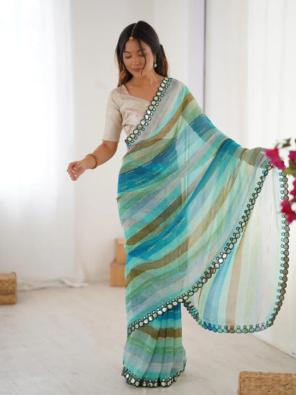 Multi Color Laheriya Printed  With Mirror Work Saree