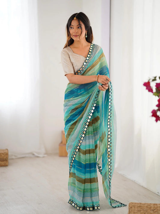 Multi Color Laheriya Printed  With Mirror Work Saree